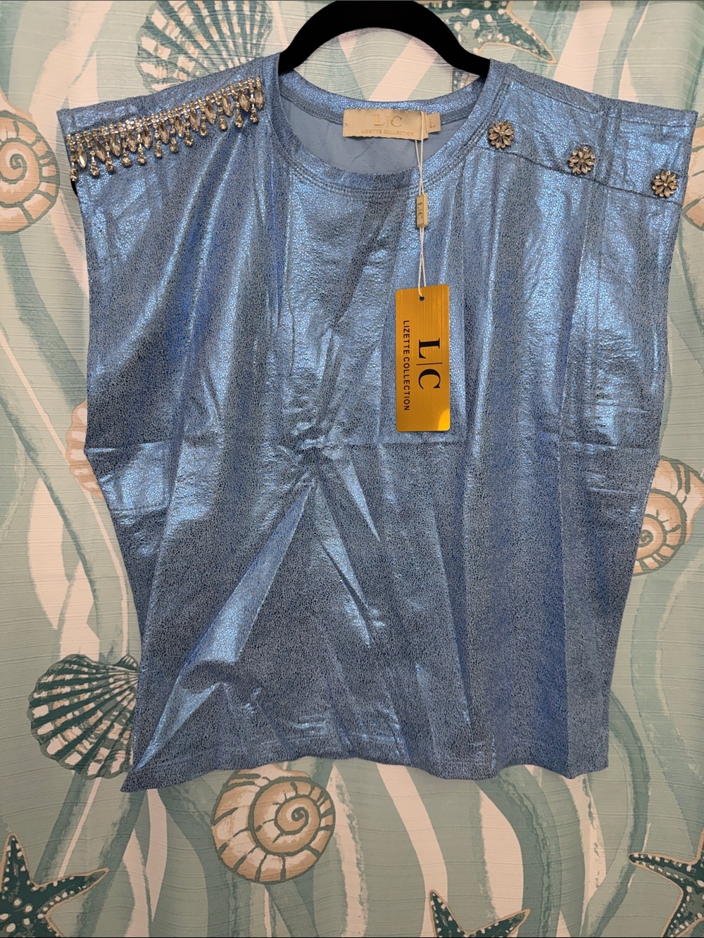 Metallic Blue Sleeveless Tank with Shoulder Embellishments